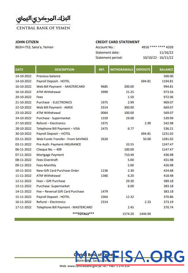 Printable Yemen Central Bank of Yemen bank statement excel example